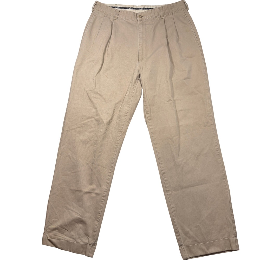 Polo Ralph Lauren Chino Pants 36x32 Mens Pleated Cuffed Cotton Khaki Tan